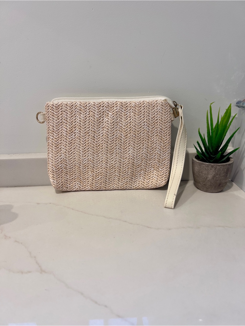 Woven Straw Boho Wristlet Clutch in Cream